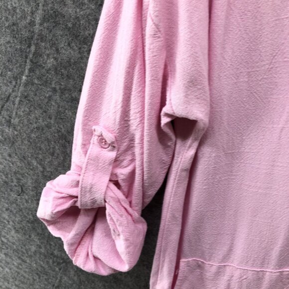Utcoco Cotton Linen Shirt Dress Womens S Pink Roll Tab Sleeve Midi Relaxed - Picture 7 of 10